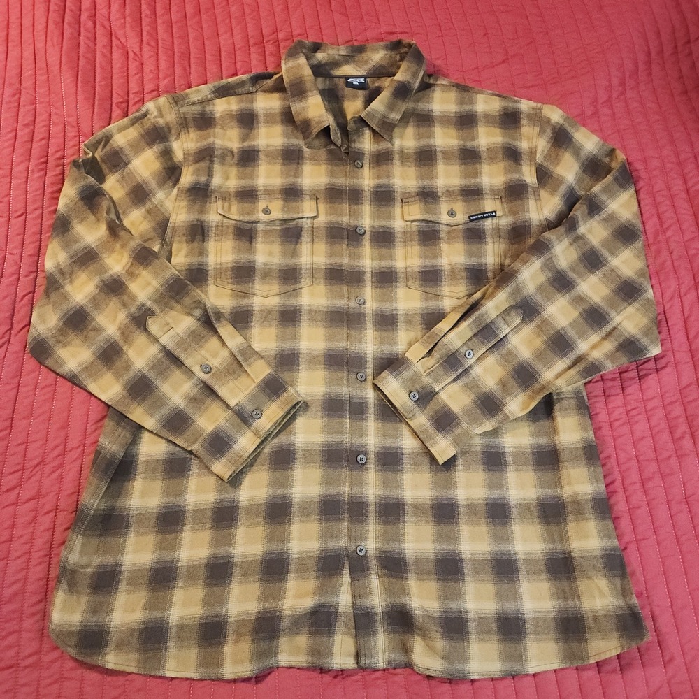 F1 Grunt Style Mens 3XL Brown Tan Plaid Flannel Long Sleeve Button Down Shirt